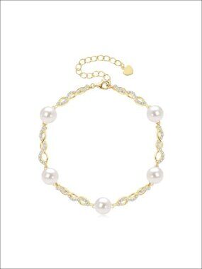 Freshwater Pearl Infinity Bracelet 9" Adjustable Gold Plated Link Bracelet Women